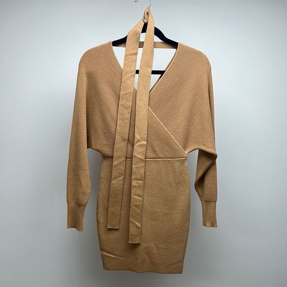 Tan V-Neck Dress with Tie Detail - Picture 2 of 8